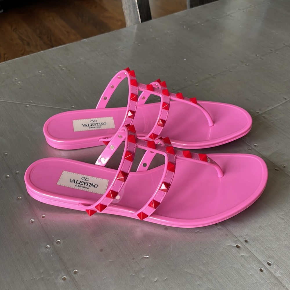 Valentino rockstud jelly pink red pvc thong sandal flat sz 37 with box - Picture 4 of 12